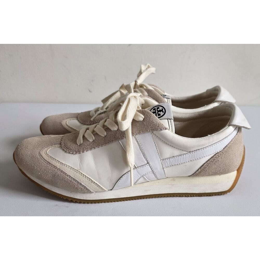 Tory Burch Hank Logo Leather Suede Lace Up Sneakers White Beige Size 10 - Picture 3 of 10